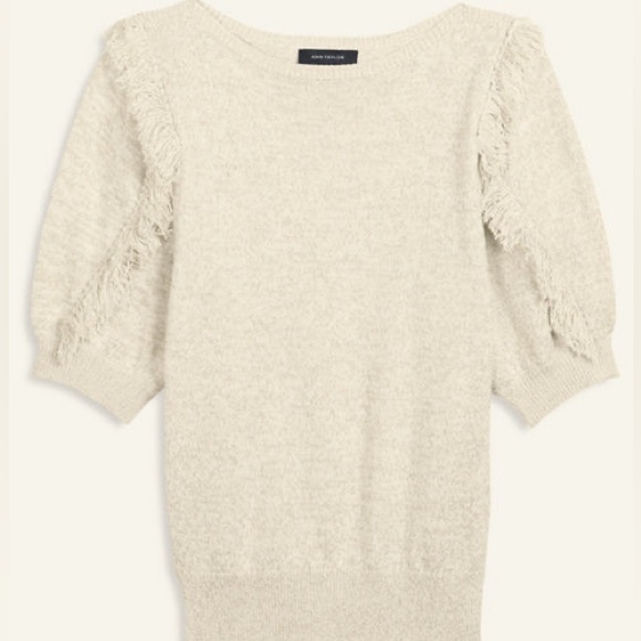 Ann Taylor Beige & Metallic Gold Shimmer Fringe Detail Puff Sleeve Sweater - Picture 4 of 16